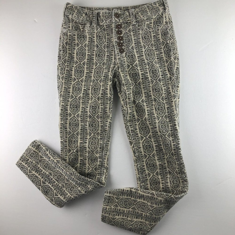 Pilcro Anthropologie Cream Printed Corduroy High Rise Skinny Jeans Button Fly 26